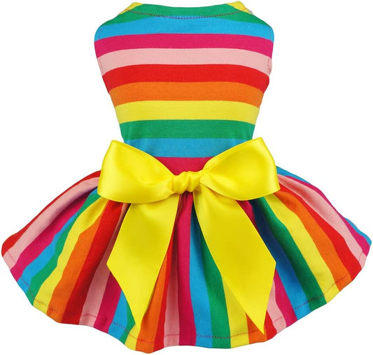 Vibrant Rainbow Striped Dog Dress - Summer Essential for Small Dogs & Cats, 100% Breathable Cotton, Perfect for Playtime!