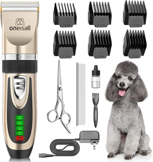 Low Noise Dog Clippers - 2-Speed Rechargeable Cordless Grooming Kit for Dogs & Cats (Gold)